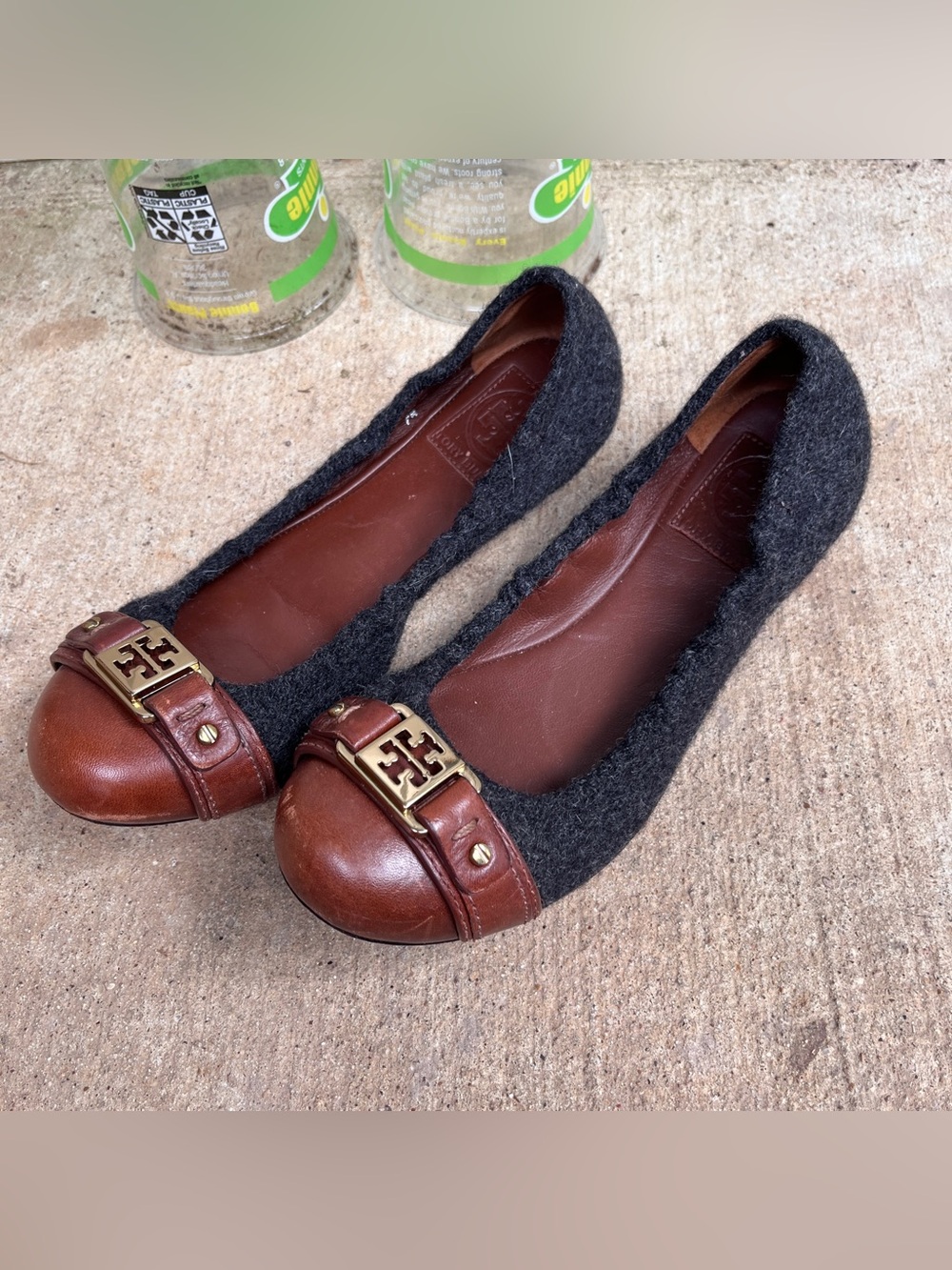 Tory Burch Charcoal Wool and Brown Leather Logo Cap-Toe Flats